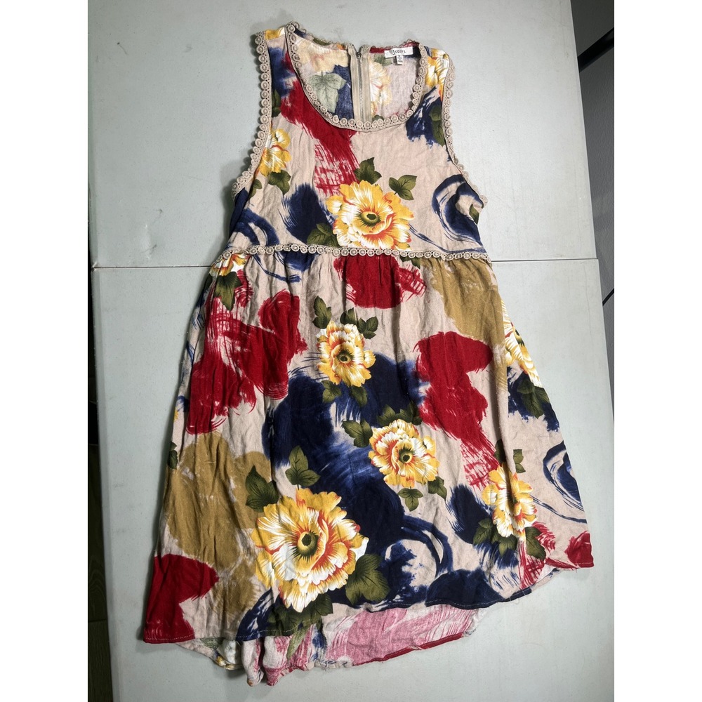 Jodifl Womens M Floral Boho Midi Dress 100% Rayon Crochet Trim High Low